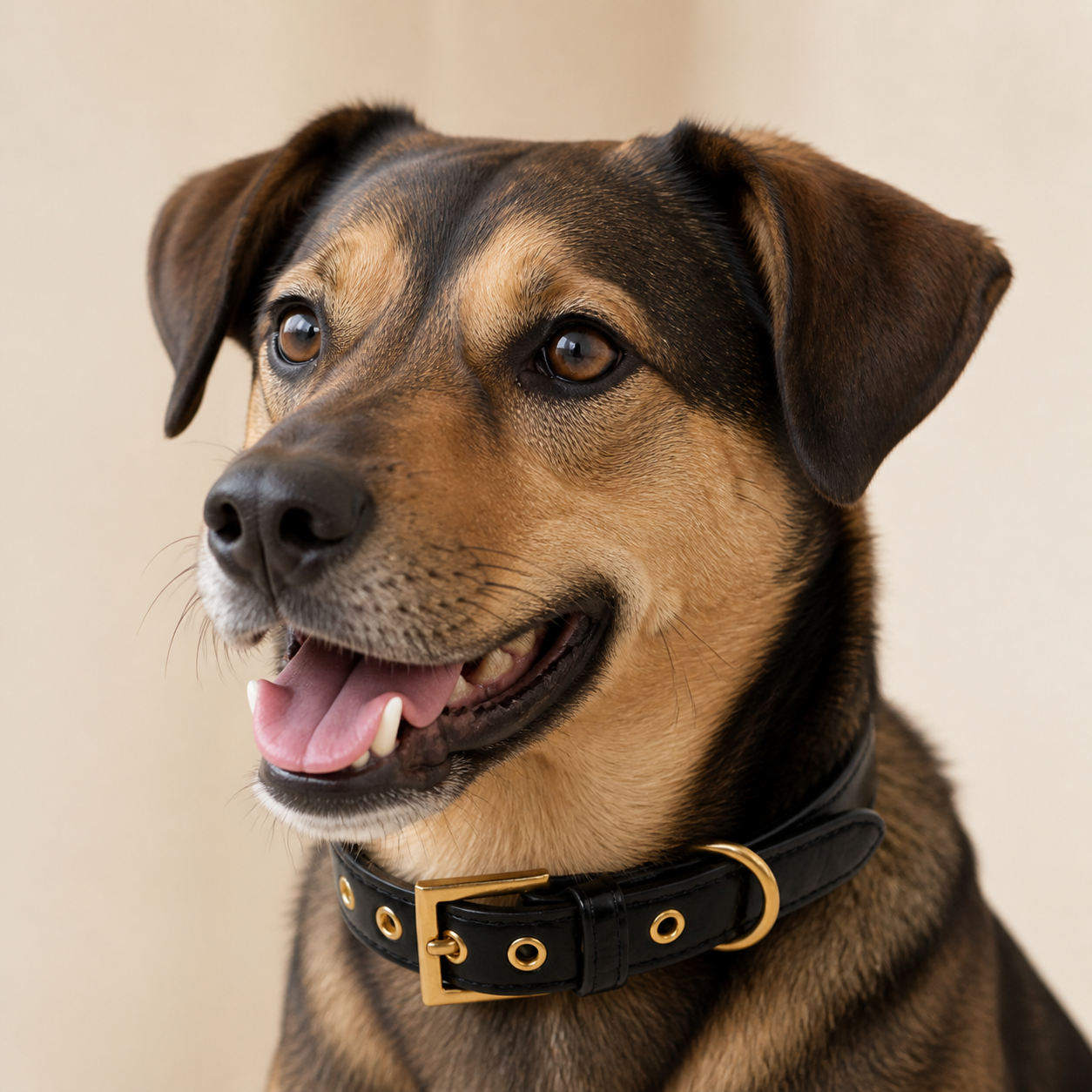 A dog wearing the Black & Gold Dog Collar