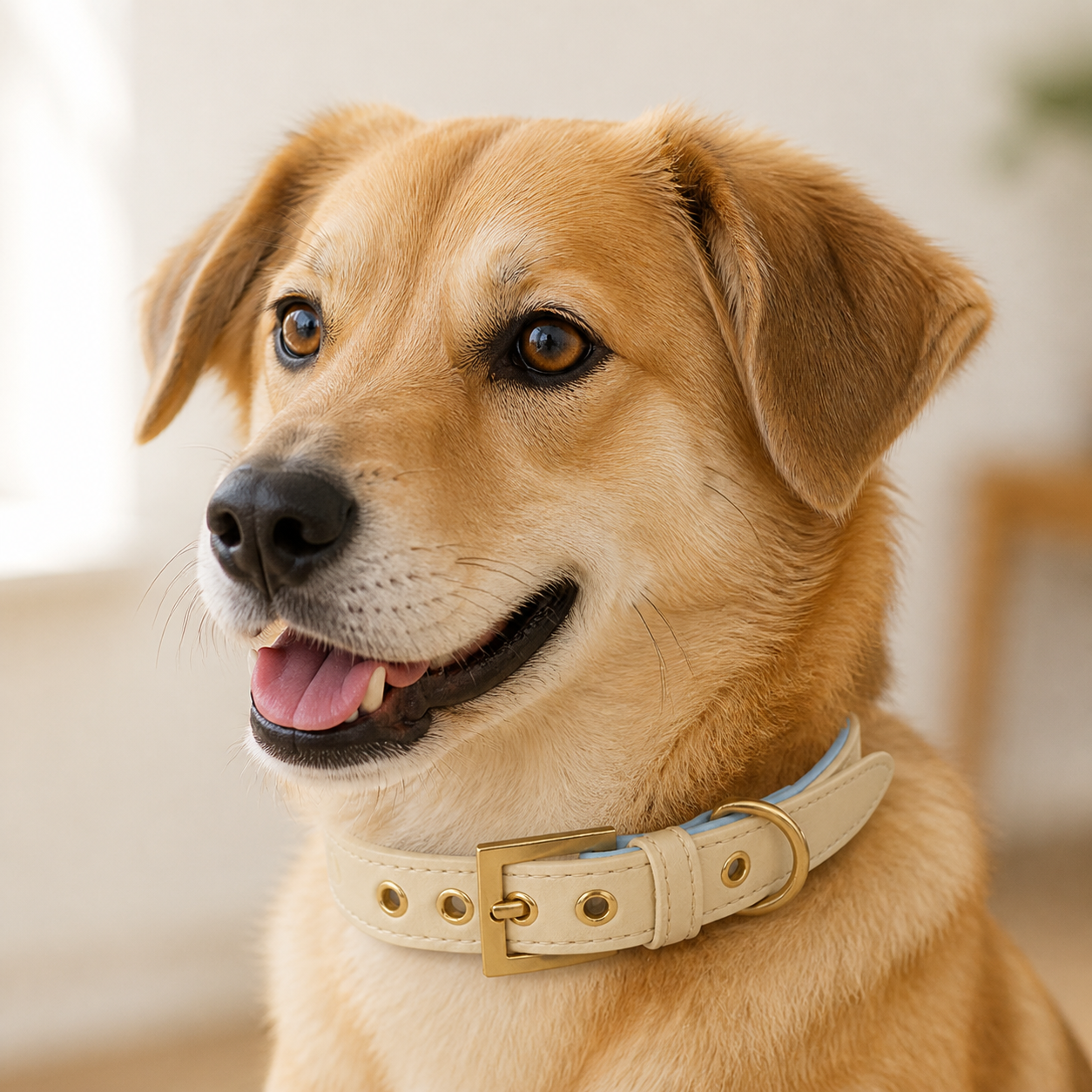 A dog wearing the Blue & Cream Yellow Dog Collar