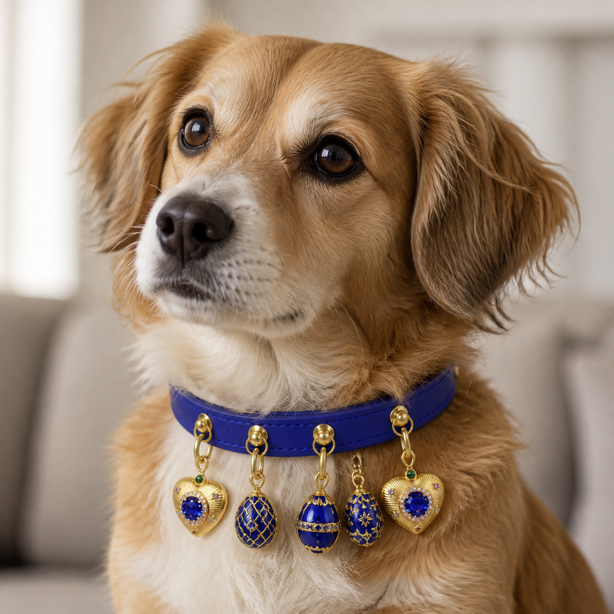 A dog wearing the "Constellation" Pendant Collar with five pendants