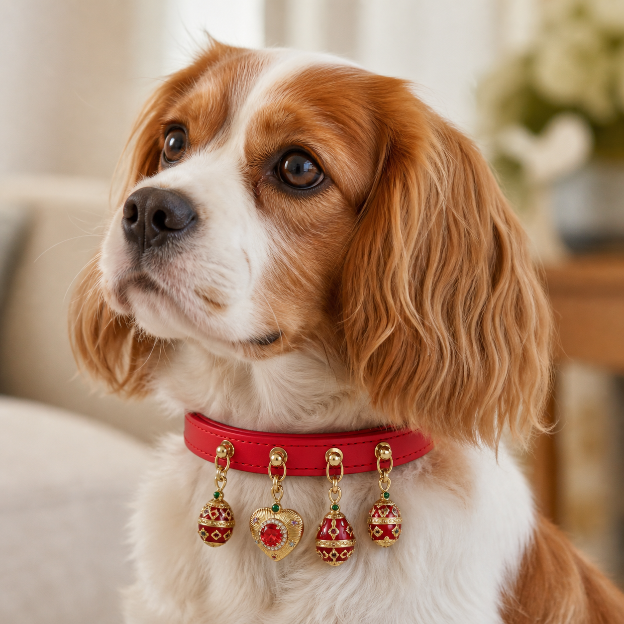 A dog wearing the "Fortune's Gift" Pendant Collar with five pendants