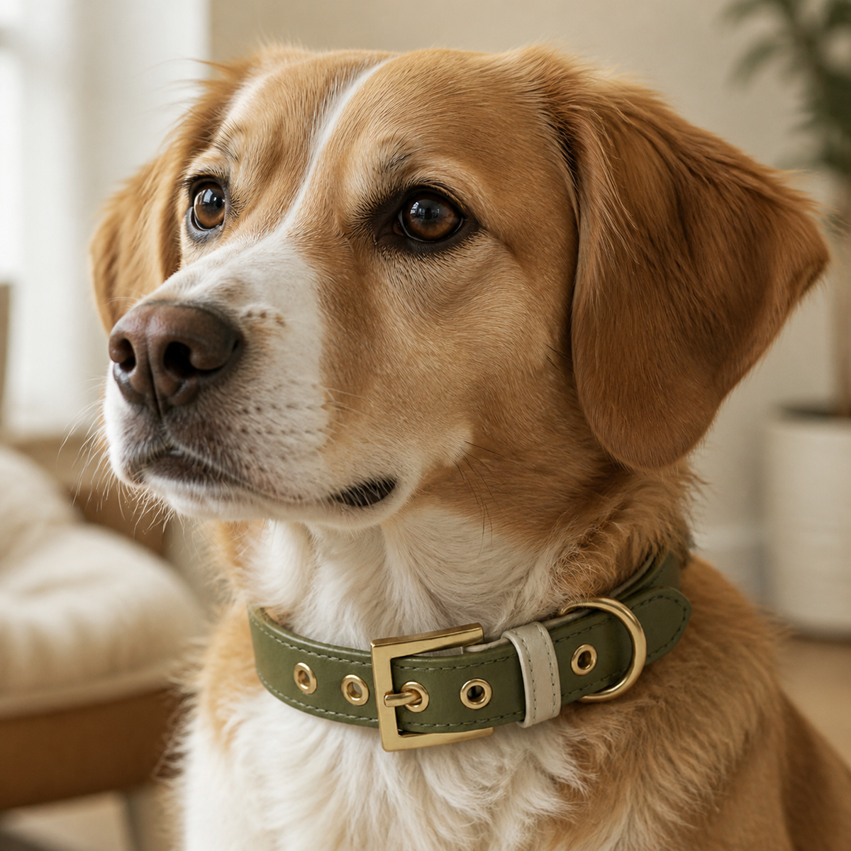 Olive Green Leather Dog Collar - close-up view