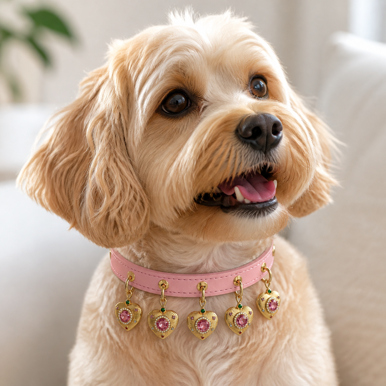 A dog wearing the "Lotus Grace" Pendant Collar with five pendants
