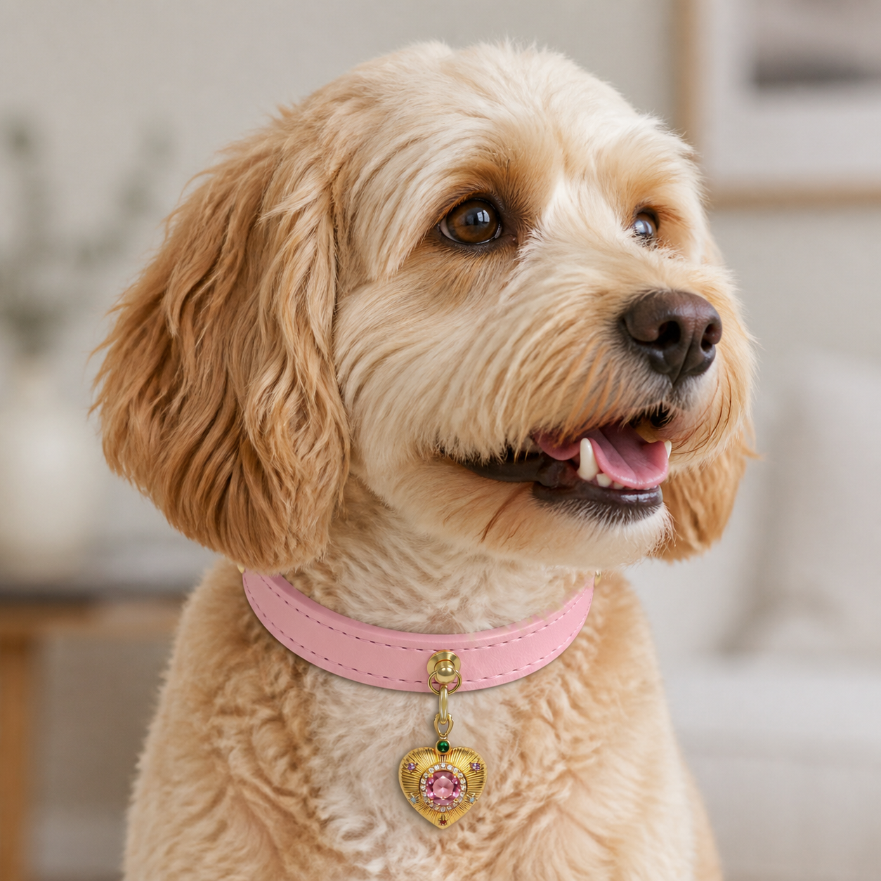 A dog wearing the Petal Pink Pendant Collar