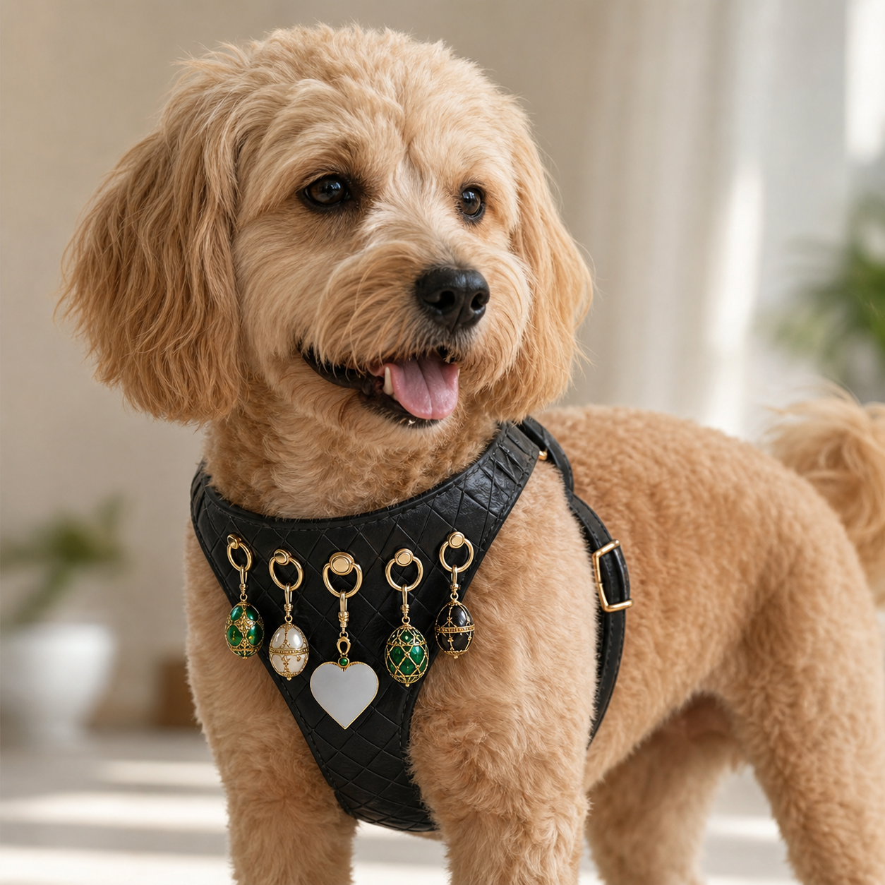 A dog wearing the "Onyx Weave" Pendant Harness with five pendants