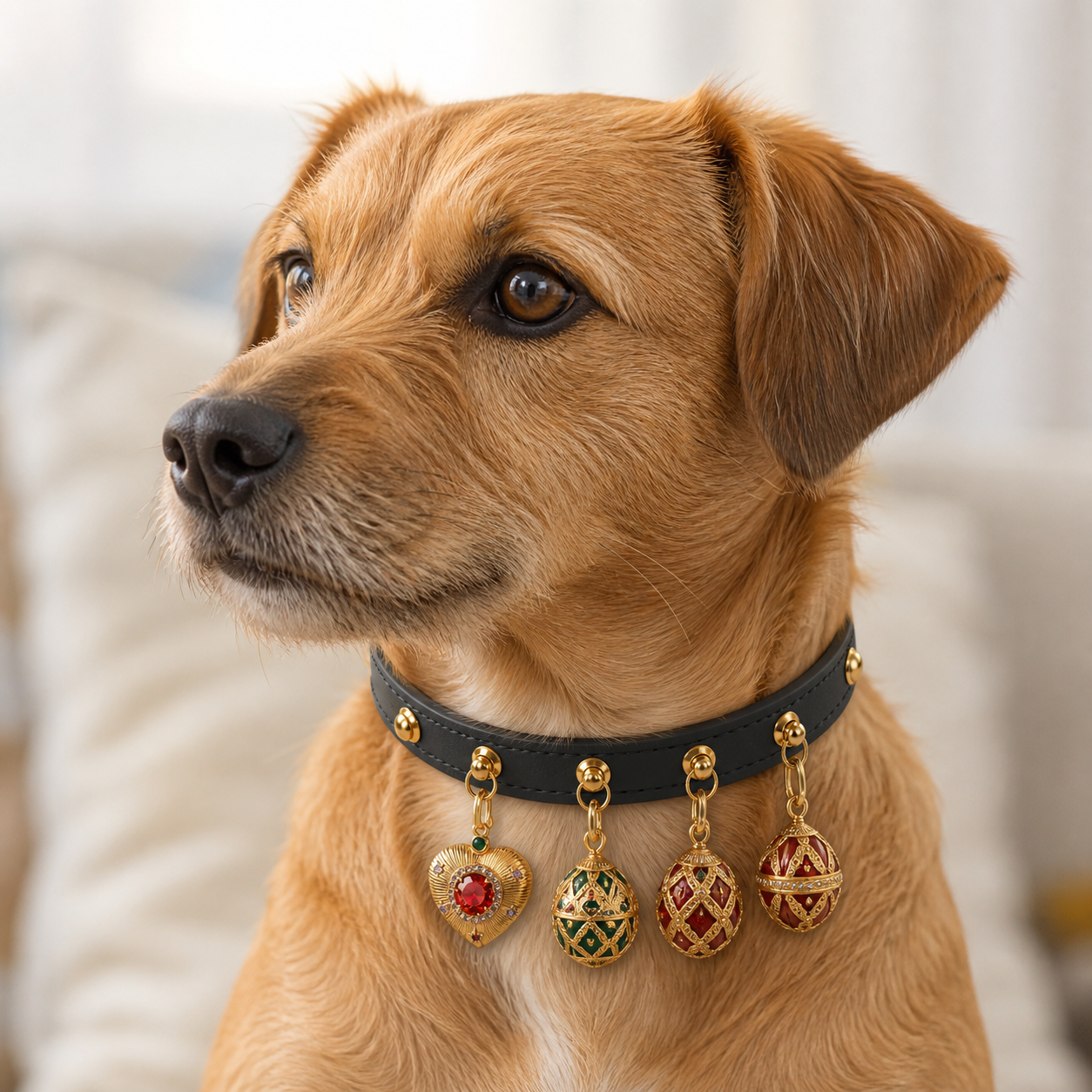 A dog wearing the "Overture" Pendant Collar with five pendants