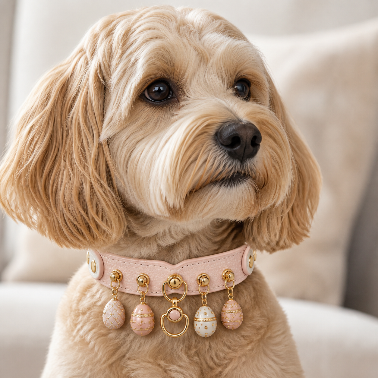 A dog wearing the "Petal Duet" Pendant Collar with five pendants