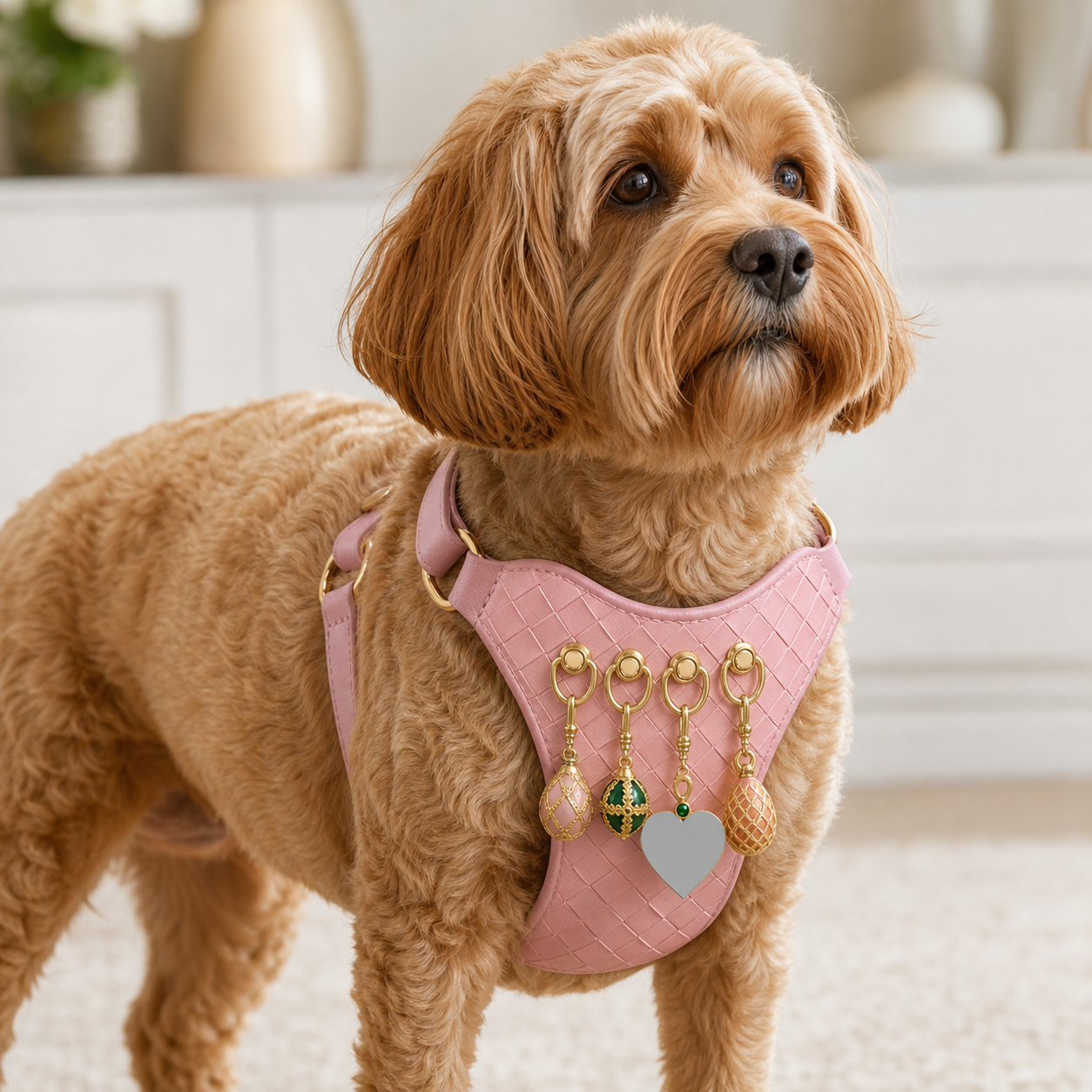 A dog wearing the "Rosé Weave" Pendant Harness with five pendants