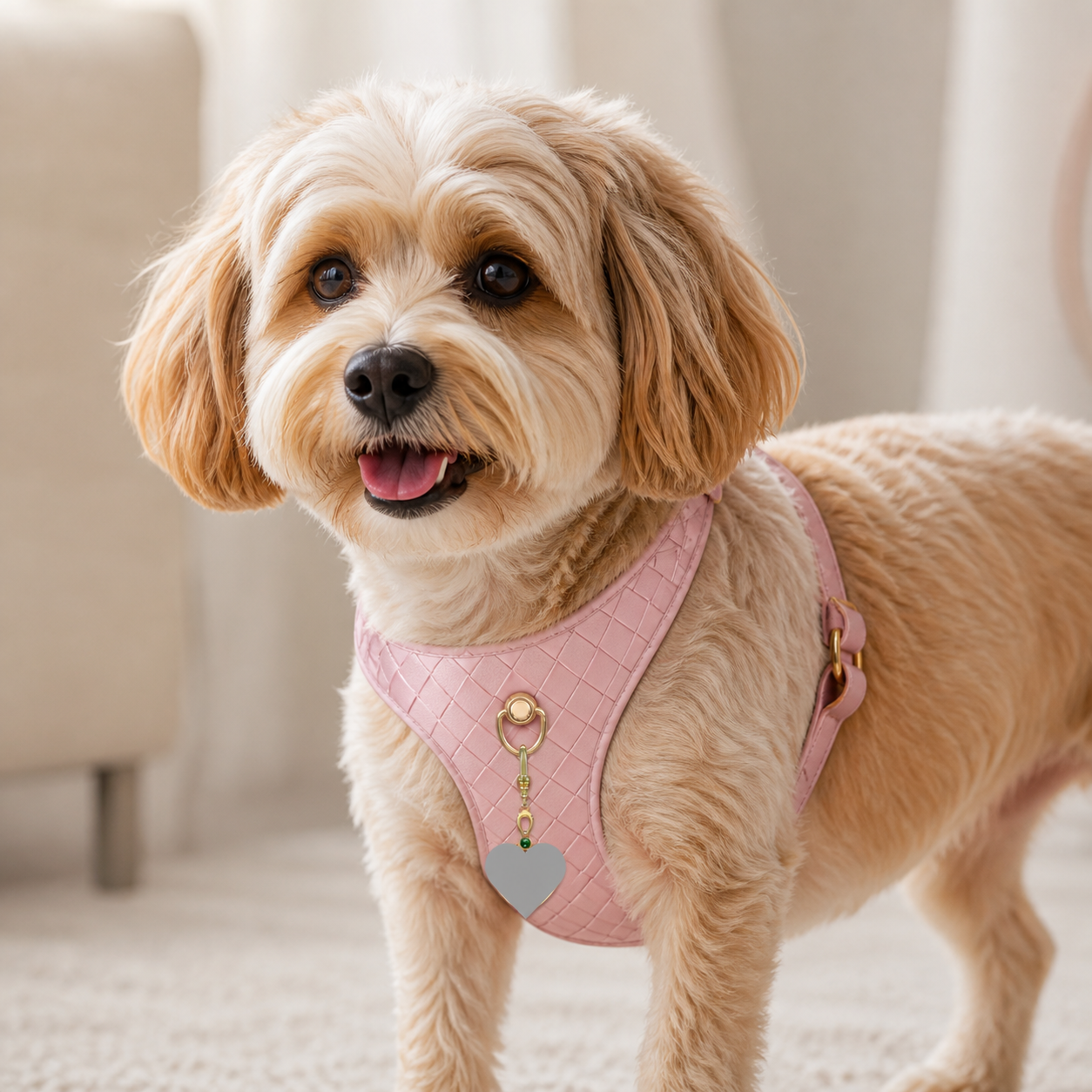 A dog wearing the "Rosé Weave" Interchangeable Pendant Harness