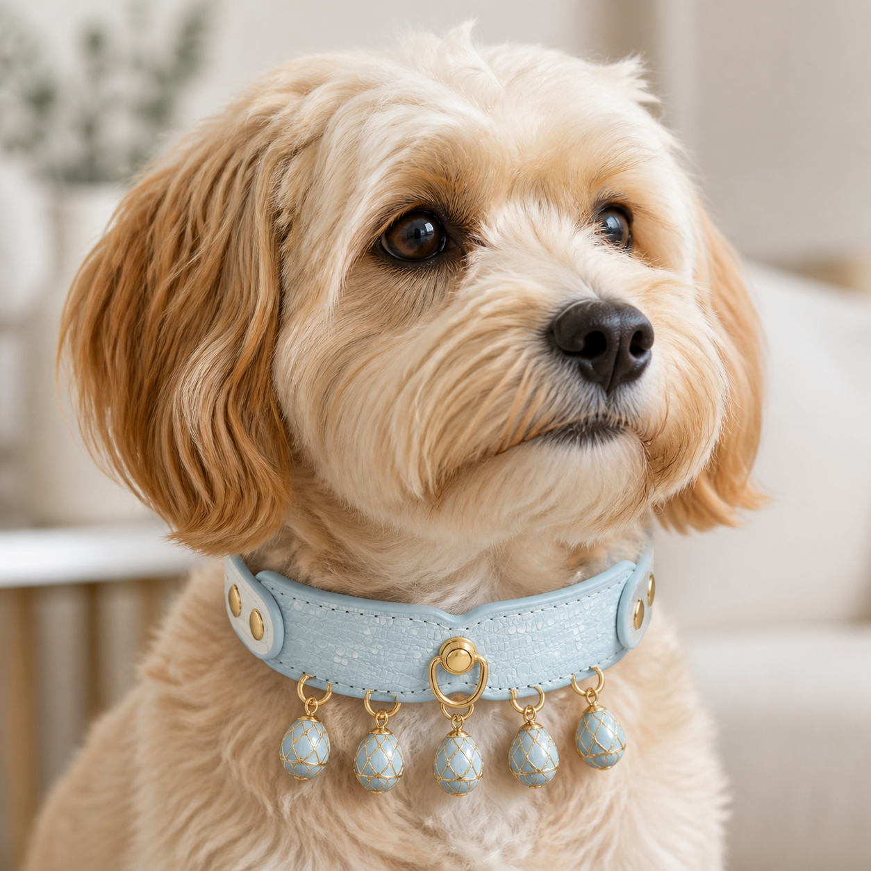 A dog wearing the "Sky Duet" Pendant Collar with five pendants