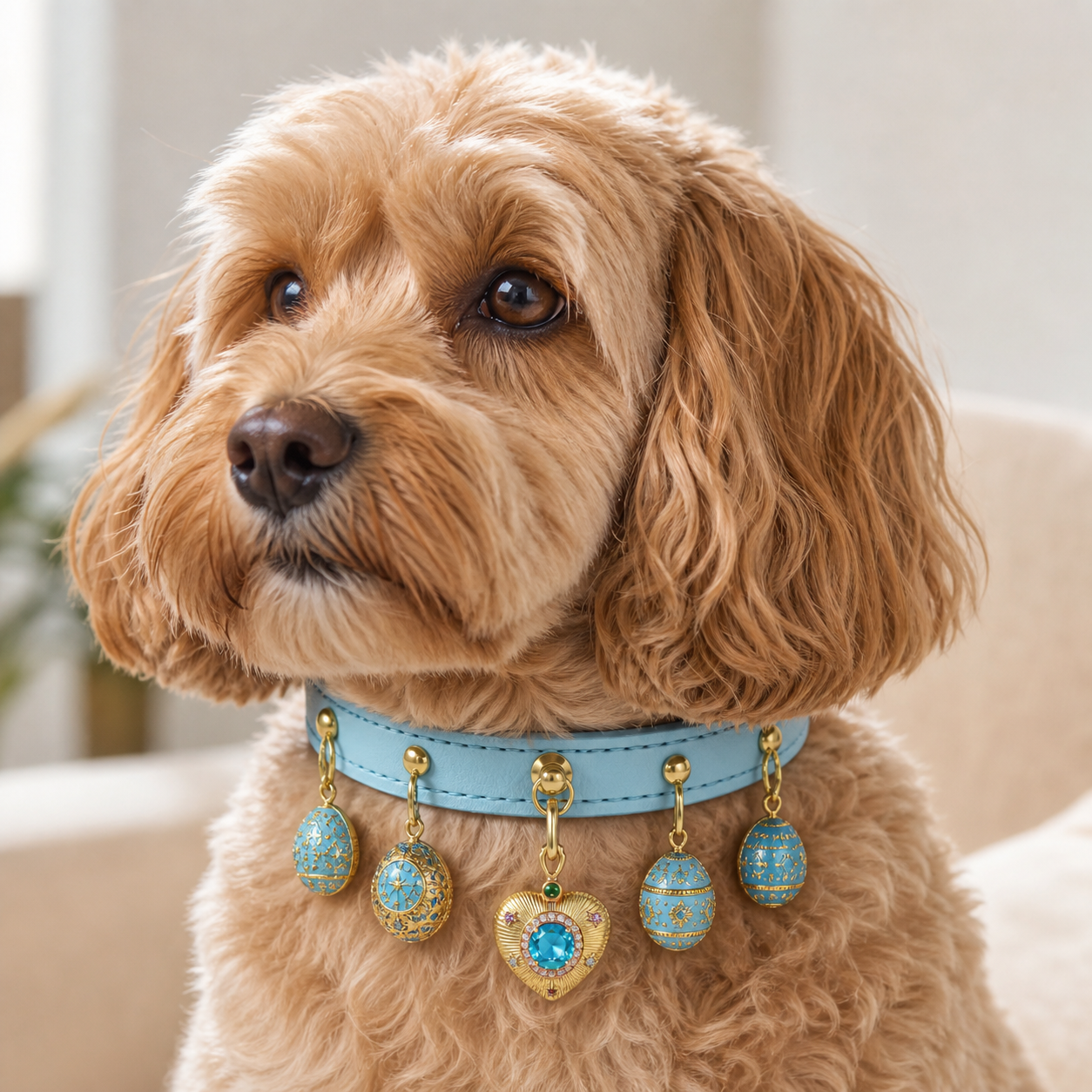 A dog wearing the "Starlit Wave" Pendant Collar with five pendants