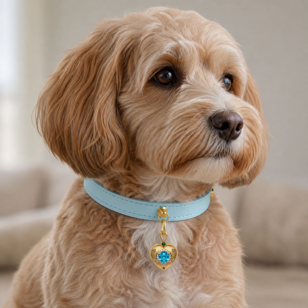 A dog wearing the Aqua Blue Pendant Collar