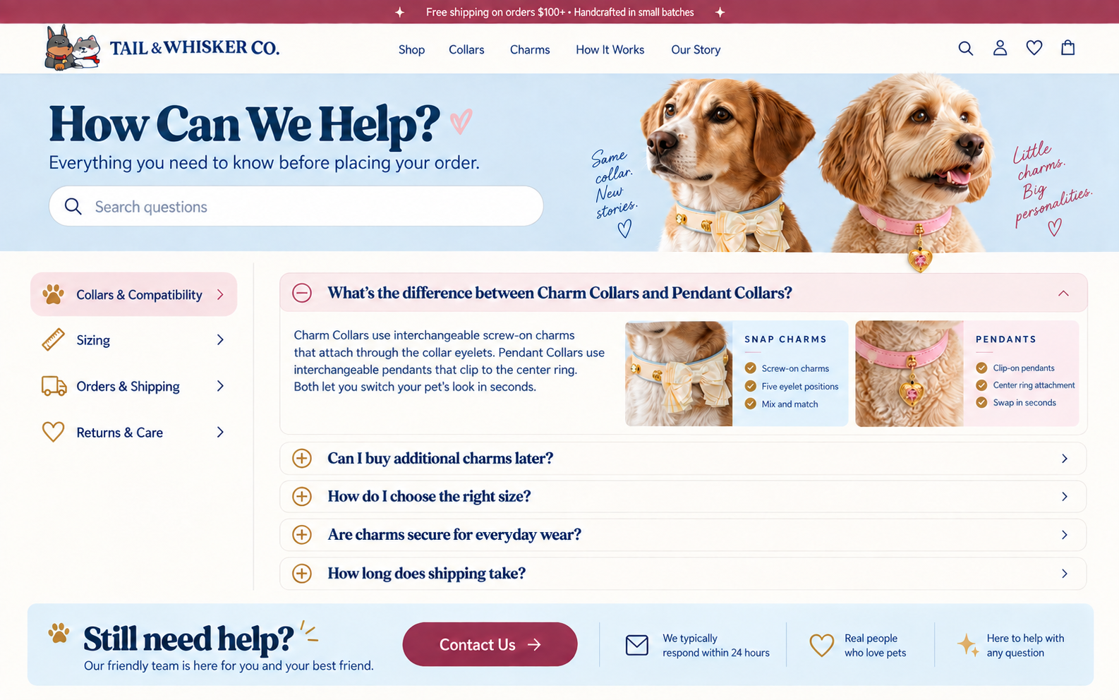 Two dogs wearing cream and pink interchangeable collars